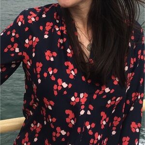 LOFT Floral Print V-Neck Blousy 3/4 Sleeve Dress